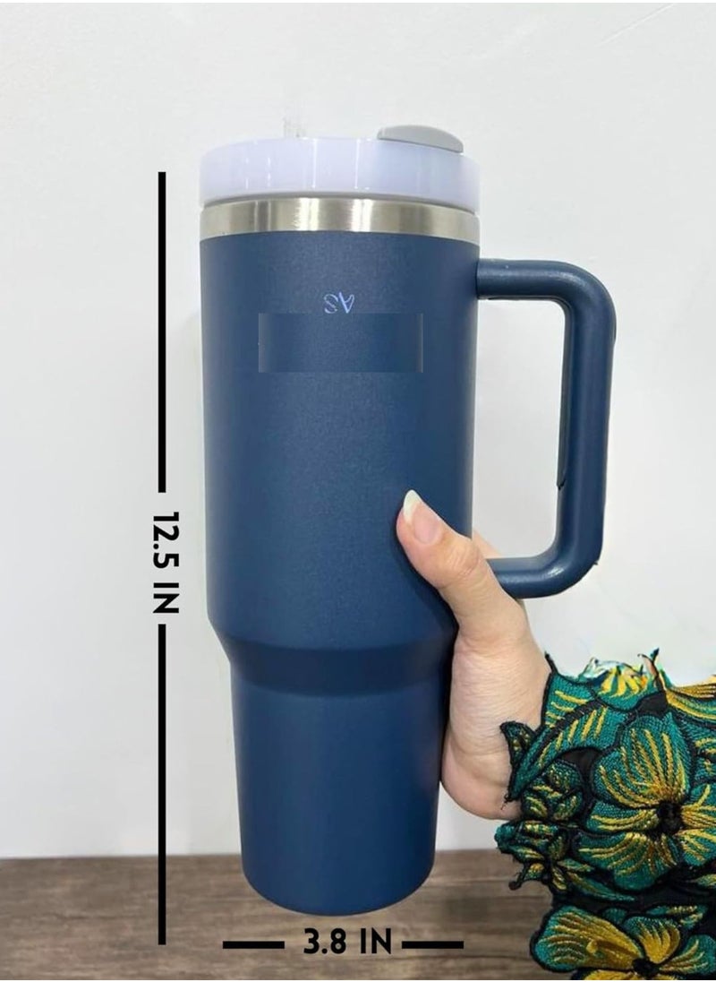 Stainless Steel Vacuum Insulated Tumbler with Lid and Straw for Water,Iced Tea or Coffee, Smoothie and More, Drak Blue Quartz, 40 oz