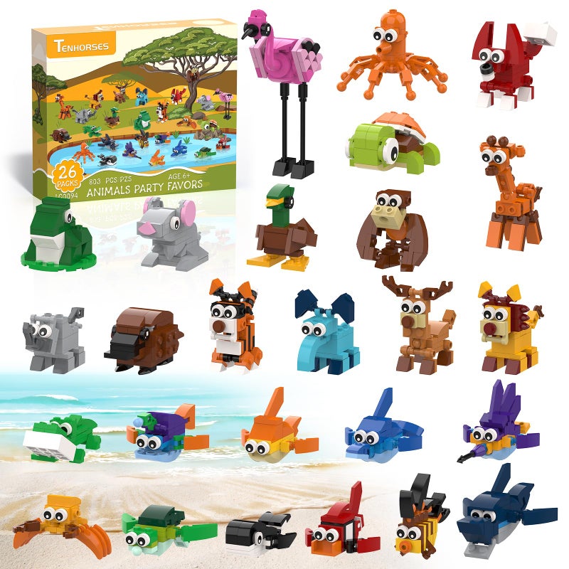 Tenhorses Party Favors for Kids Building Set 26 Pack Animals بناء مكعبات اللعب عيد الحب جوائز الفصول الدراسية أكياس جودي سلة عيد الفصح هدية عيد ميلاد للأطفال 8-12 (803PCS) - Image 1