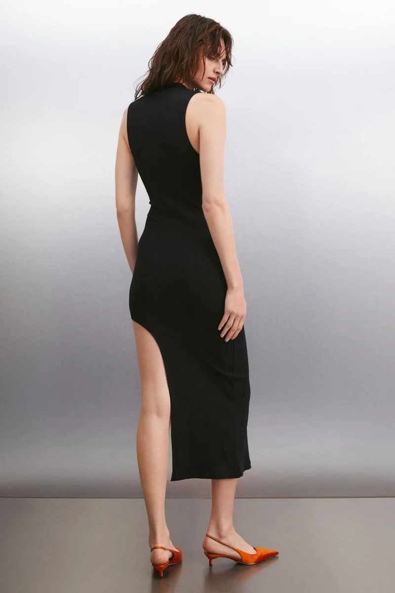 جريميلانج Ophelia Women's High Collar Sleeveless Slit Detail Slim Fit Midi Length Knitted Black Dress