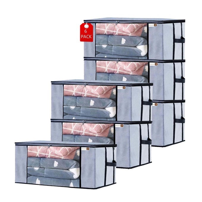 UNDERBED STORAGE BAG STORAGE ORGANIZER BLANKET STORAGE BAG FOR WARDROBE ORGANIZER BLANKET COVER WITH A LARGE TRANSPARENT WINDOW AND SIDE HANDLES PACK OF 6 GREY