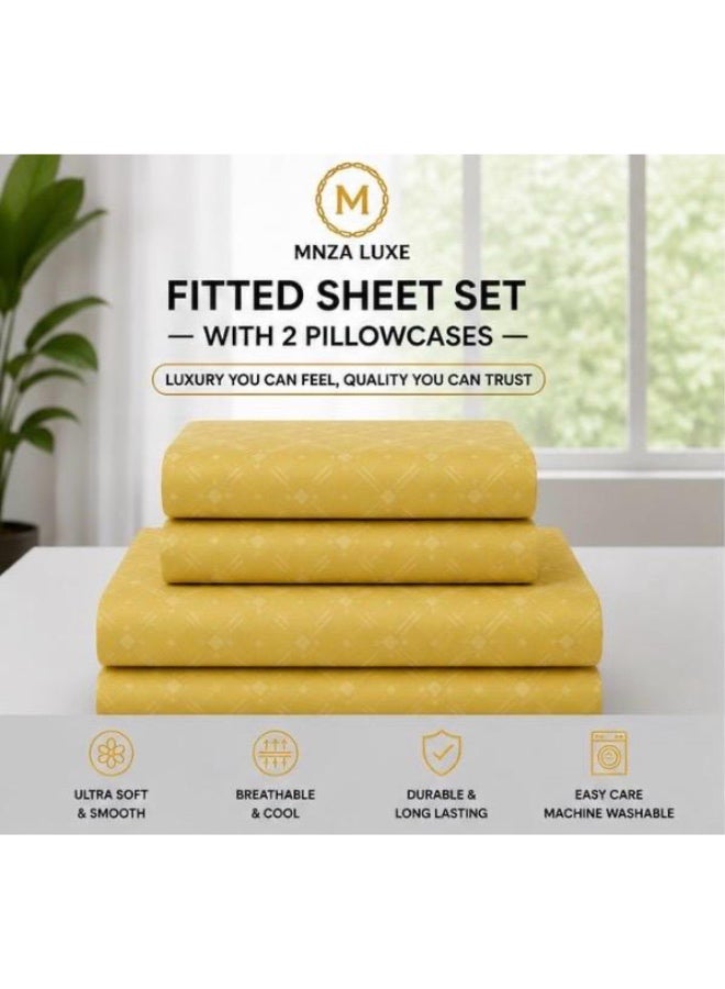طقم ملاءة سرير مطاطية من الألياف الدقيقة بتصميم مربعات من MNZA LUXE، ملاءة مطاطية واحدة + غطاءا وسادة | فائق النعومة، قابل للتهوية ومقاوم للتجاعيد | خردلي - Image 4