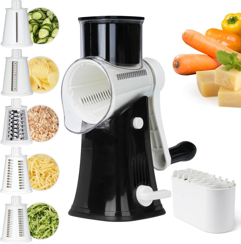 REDPANT 5 in 1 Rotary Cheese Grater, Manual Hand Crank Cheese Grater With Reinforced Suction & 5 Interchangeable Blades, Multifunctional Cheese Shredder, Easy to Use and Clean, Black - Image 1