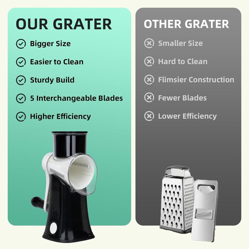 REDPANT 5 in 1 Rotary Cheese Grater, Manual Hand Crank Cheese Grater With Reinforced Suction & 5 Interchangeable Blades, Multifunctional Cheese Shredder, Easy to Use and Clean, Black - Image 4