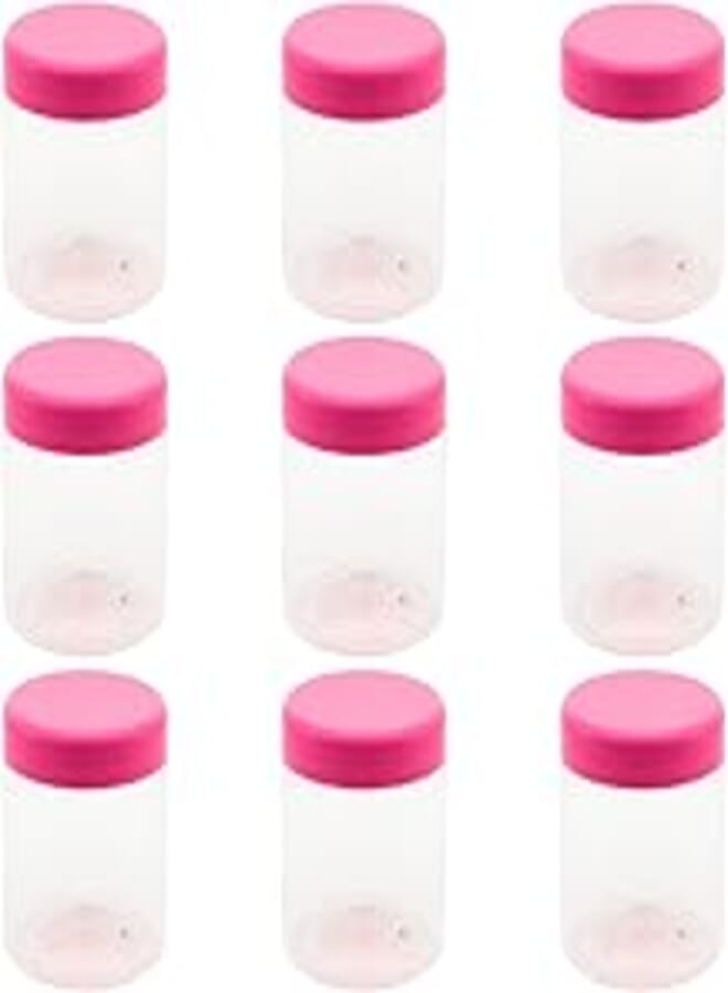 FUNNY 12 Pieces Clear White Plastic Jars 200ml - 6.3 Cents Diameter - Pink Color and Plastic Medicine Lid - High Quality Healthy Plastic Empty Refill Storage Jar for Empty Round Tins Storage Jar - Art