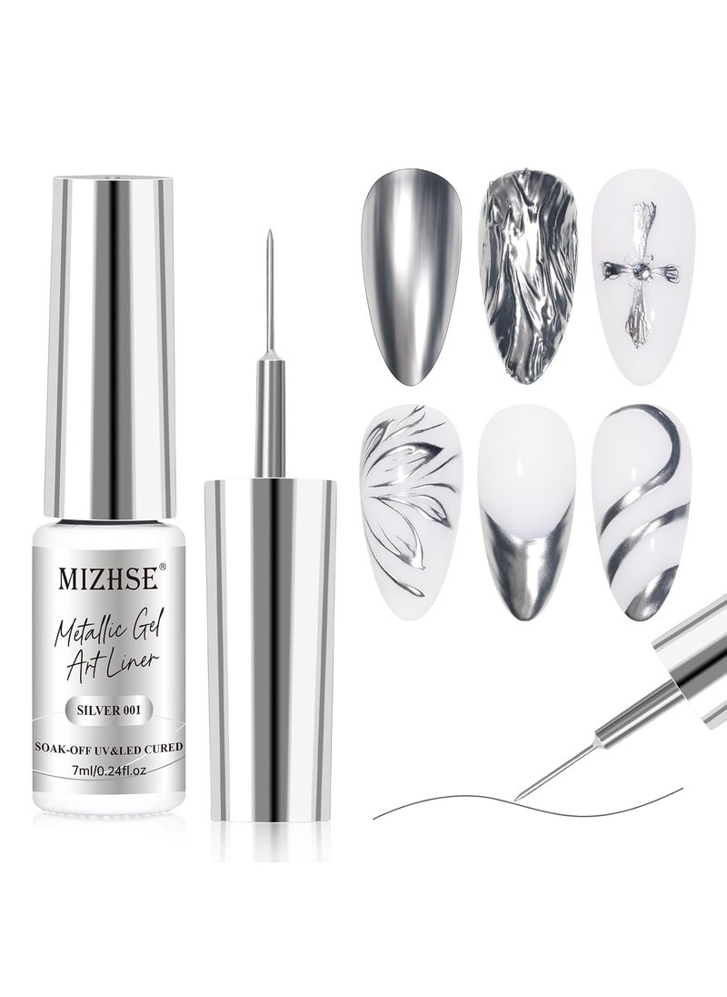MIZHSE - MIZHSE Metallic Silver Gel Liner Nail Art 3D Mirror Gel Paint Spider Drawing Line Polish,Glossy Painting Swirl French Nail Design Thin Brush Soak off Manicure Set for Nail Art - Image 1