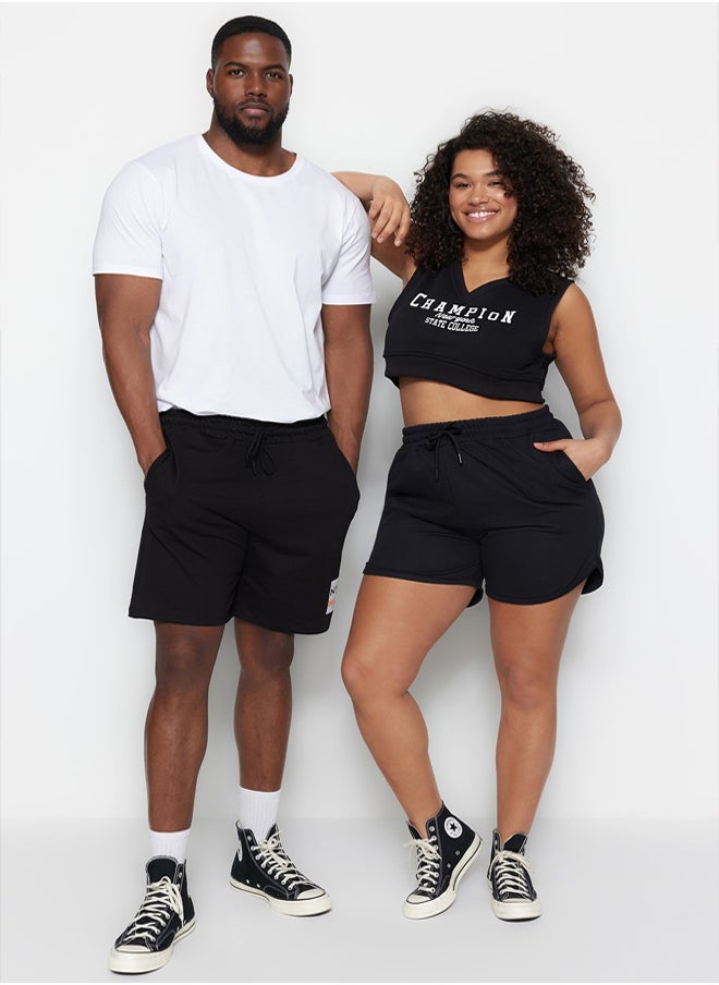 trendyol Large Size Black Regular Cut Medium Length City Printed Elastic Waist Shorts  - Image 2