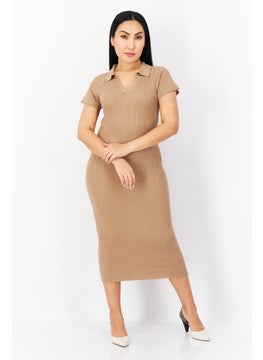 French Connection Women Ribbed Midi Dress, Tan  - Image 1
