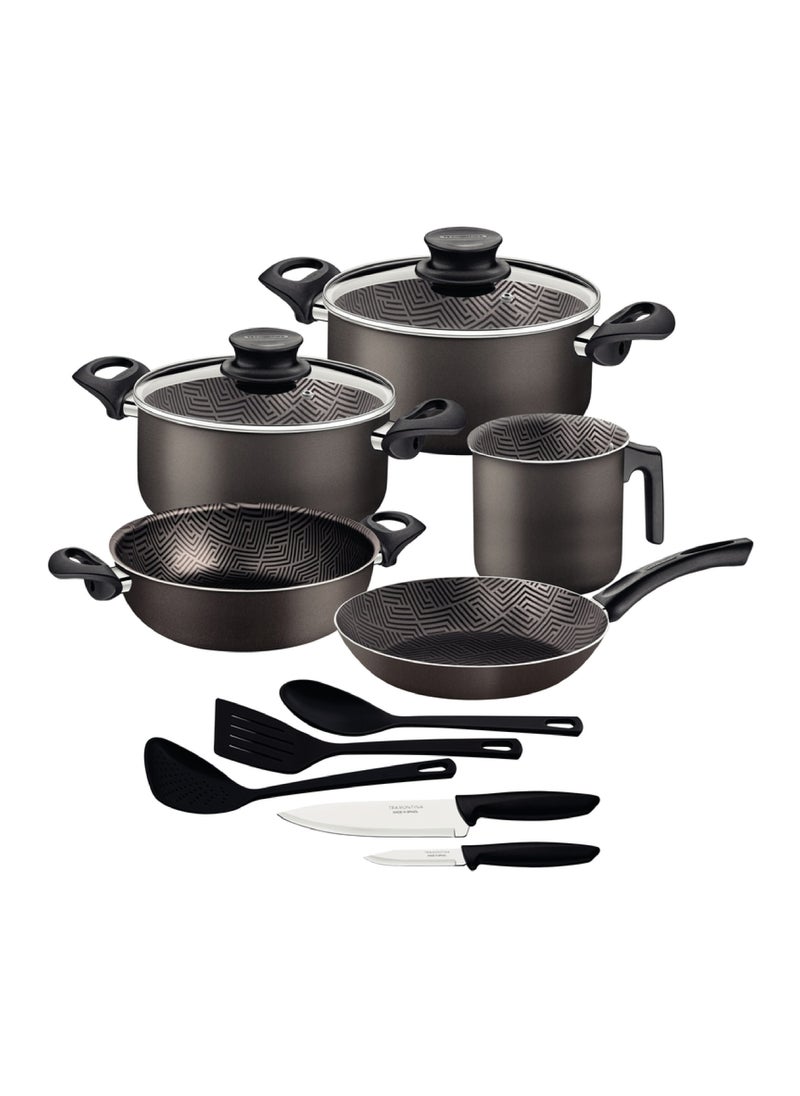 TRAMONTINA Since 1911,Made in Brazil- Paris, 12-piece Cookware Set, Lead-Colored Aluminum, Interior Starflon Max, Exterior Starflon Max, Nonstick Coating, PFOA Free, Tempered-Glass Lids, Steam Vents, Stainless-Steel Rims, Heat-Resistant Handles, Heat-Resistant Knobs, Nylon Utensils, Knives, Stainless-Steel Blades, Polypropylene Handles -  - Image 1