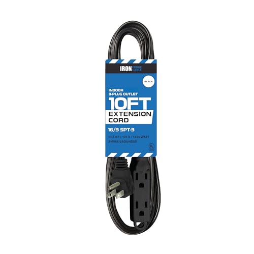 Iron Forge Cable 10 ft Flat Plug Black Extension Cord with 3 Outlets - 16/3 SJTW 3 Prong Indoor 10 Foot Black Extension Cord with Multiple Outlets - Image 1