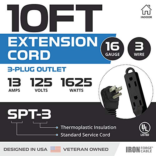 Iron Forge Cable 10 ft Flat Plug Black Extension Cord with 3 Outlets - 16/3 SJTW 3 Prong Indoor 10 Foot Black Extension Cord with Multiple Outlets - Image 2