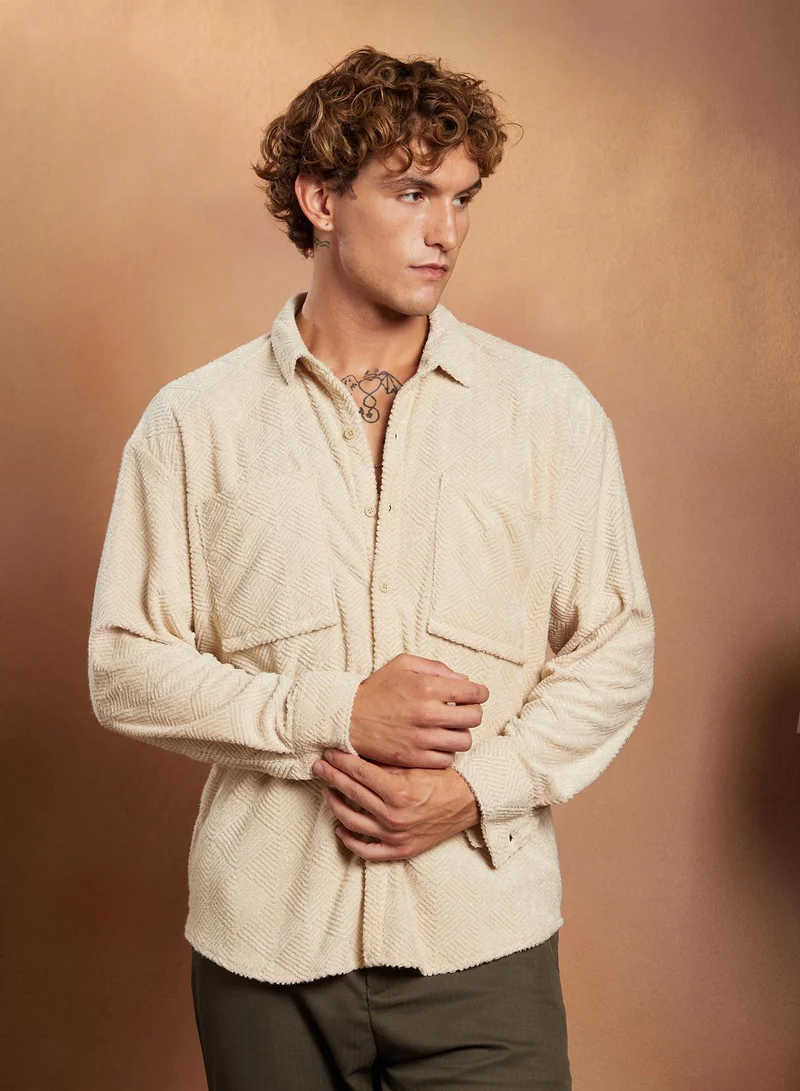 Campus Sutra Campus Sutra Men's Ecru Beige Axisline Utility-Relaxed Shirt For Casual Wear | Spread Collar | Long Cuffed Sleeves | Button Closure | Shirt Crafted With Comfort Fit For Everyday Wear