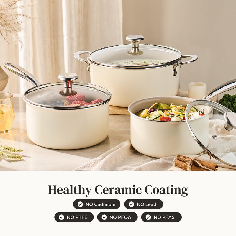 Redchef Cooking Pot Set Induction 5Qt, Saucepan Set 2.5/3.5Qt Nonstick Ceramic Cookware Set, Compatible All Cooktops, Even Heat, Stay-Cool Handles, Oven/Dishwasher Safe, PTFE PFAS Free (Beige) - Image 1