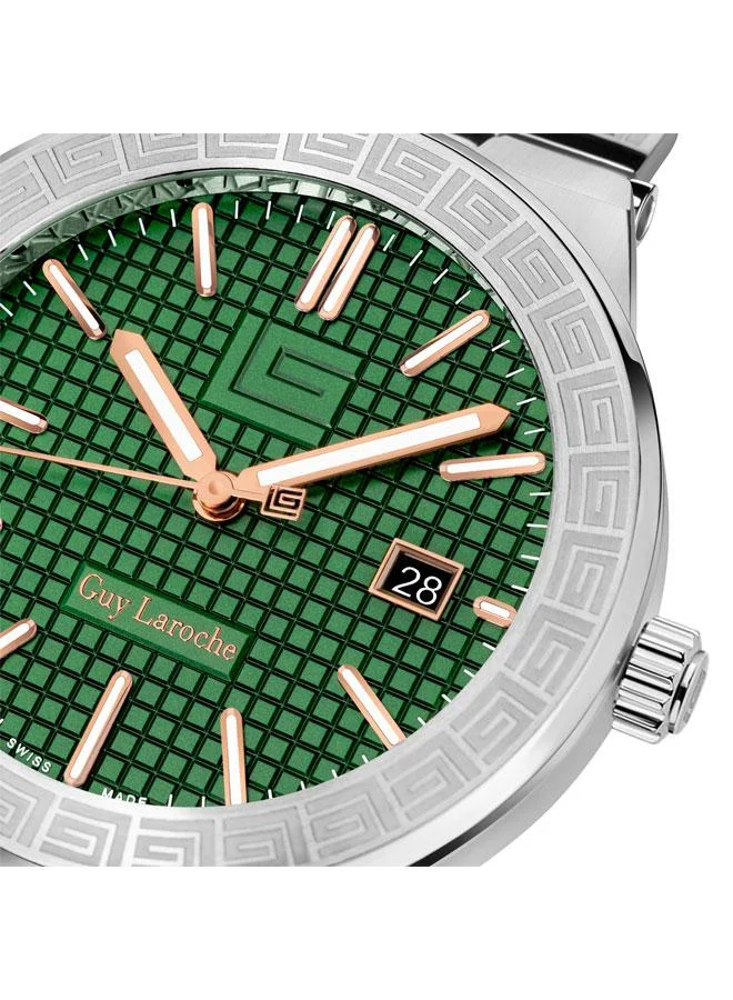Guy Laroche Sacha 42mm Men's Analog Swiss Watch with Black Genuine Leather Strap & Green Dial