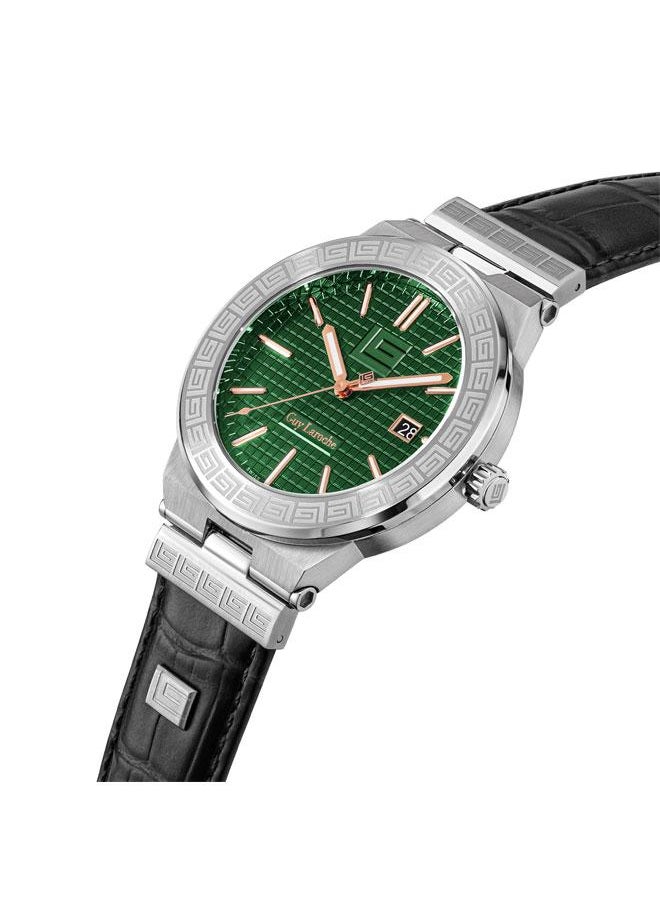 Guy Laroche Sacha 42mm Men's Analog Swiss Watch with Black Genuine Leather Strap & Green Dial  - Image 2