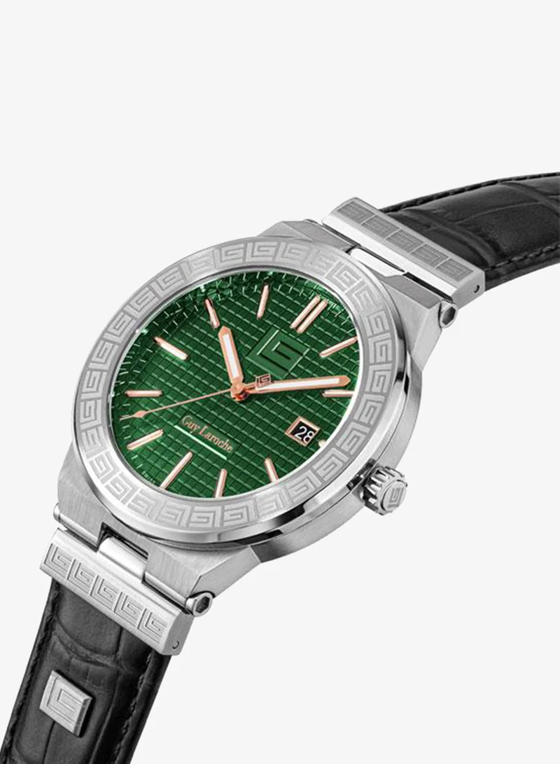 Guy Laroche Sacha Green Dial Black Leather Strap Analog Watch for Men 42mm