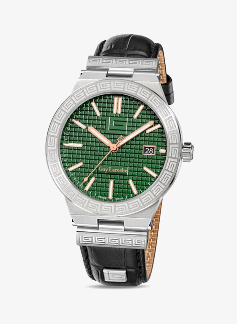 Guy Laroche Sacha Green Dial Black Leather Strap Analog Watch for Men 42mm