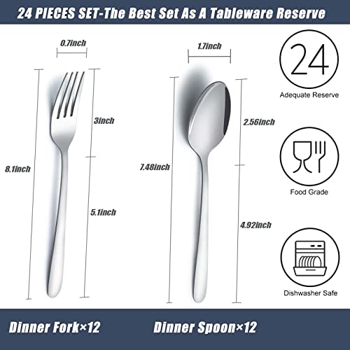 Gymdin 24 Pcs Forks and Spoons Silverware Set, Food Grade Stainless Steel Flatware Cutlery Set for Home, Kitchen and Restaurant, 12 Dinner Forks and Dinner Spoons, Mirror Polished & Dishwasher Safe - Image 2