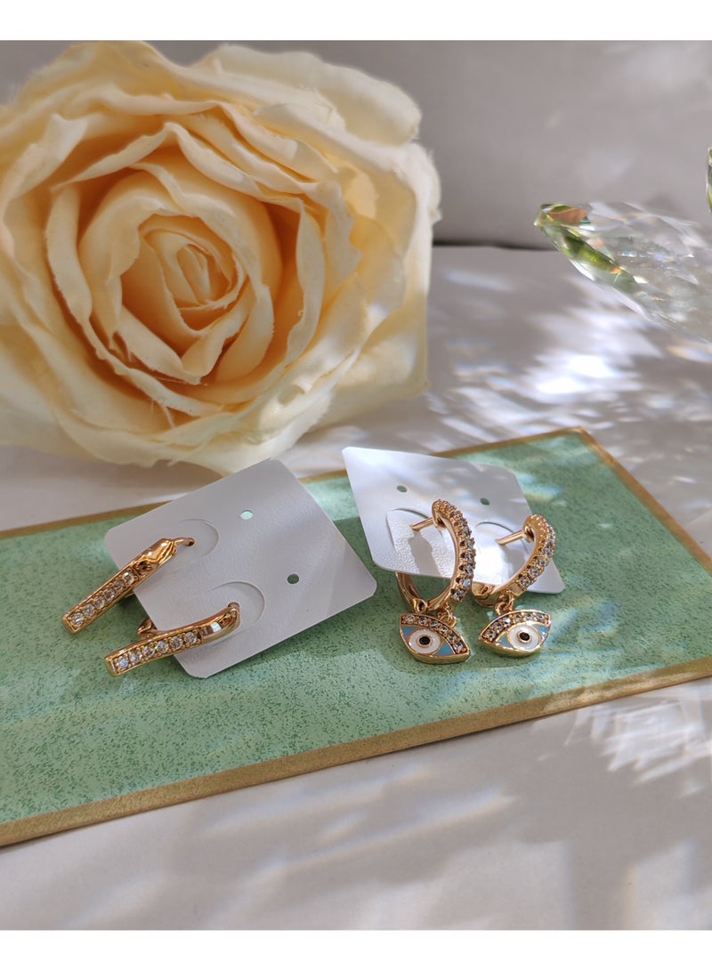 Two pairs of Evil Eye earring set with unique personality and diamond studded fashionable earrings - Image 1