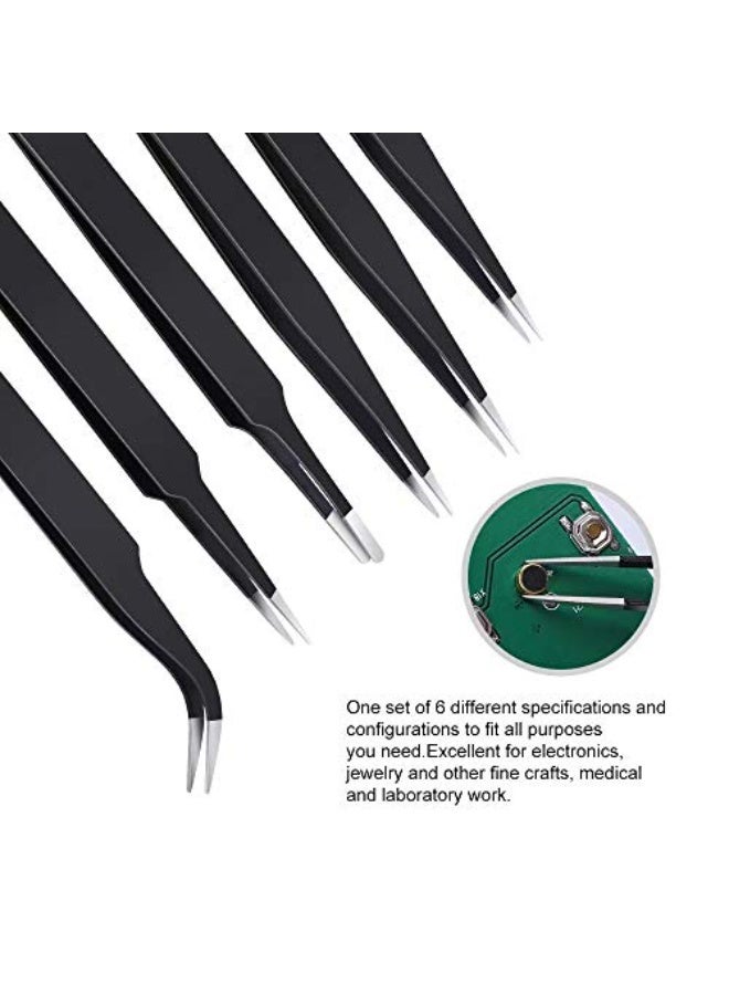 سوكاني مجموعة ملاقط دقيقة مكونة من 6 قطع، ملاقط منحنية من الفولاذ المقاوم للصدأ المضاد للكهرباء الساكنة، للإلكترونيات، والعمل المخبري، وصناعة المجوهرات، والحرف اليدوية، واللحام، والمكياج (أسود) - Image 5