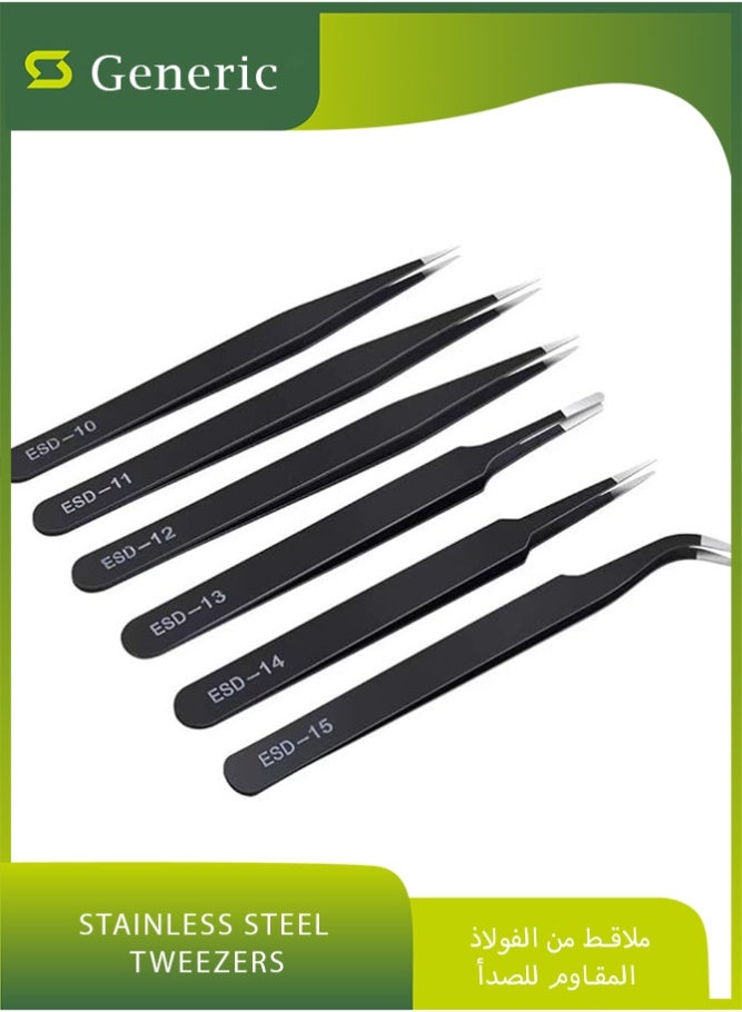 6 PCS Precision Tweezers Set, Upgraded Anti-Static Stainless Steel Curved of Tweezers, for Electronics, Laboratory Work, Jewelry-Making, Craft, Soldering, make up (Black) - Image 1