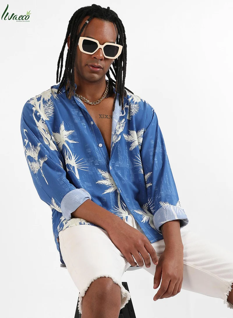 Campus Sutra Men's Cobalt Blue Palm Tree Shirt For Casual Wear | Made With Eco-Liva Fabric | Spread Collar | Long Sleeve | Button Closure | Rayon Shirt Crafted With Comfort Fit For Everyday Wear