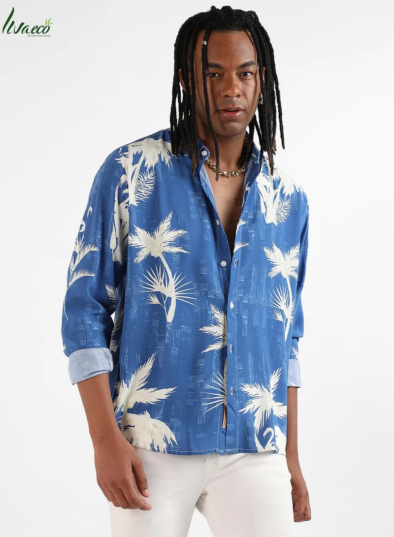 Campus Sutra Men's Cobalt Blue Palm Tree Shirt For Casual Wear | Made With Eco-Liva Fabric | Spread Collar | Long Sleeve | Button Closure | Rayon Shirt Crafted With Comfort Fit For Everyday Wear