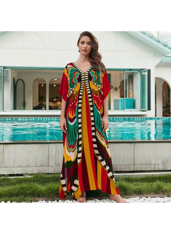 Loquat Cotton Print Robe Vacation Casual Beach Bikini Mat Blouse 15 Color 1129-Color:Green And Black Cloud Pattern 12-  - Image 2