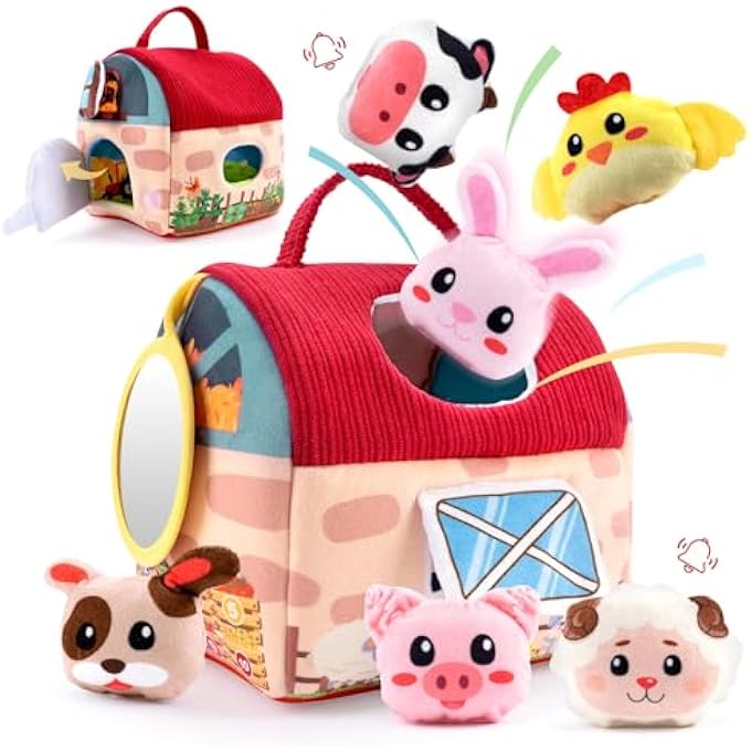 MONTESSORI BABY TOYS 6 TO 12 MONTHS,SOFT FARM ANIMAL SHAPE SORTER TOYS WITH 6PC STUFFED FARM ANIMALS PLUSH TOY, RATTLE,CRINKLE PAPER,MIRROR,SENSORY TOYS FOR TODDLERS 1-3 - Image 2