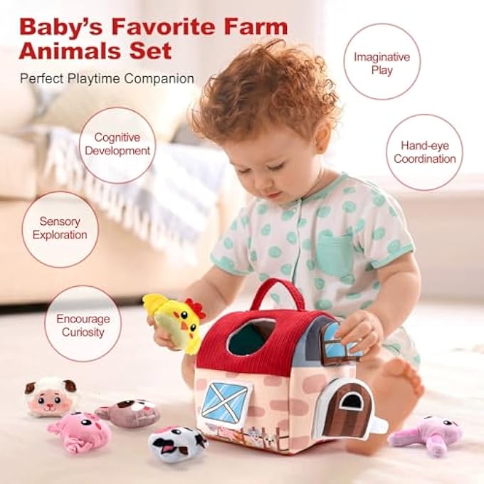MONTESSORI BABY TOYS 6 TO 12 MONTHS,SOFT FARM ANIMAL SHAPE SORTER TOYS WITH 6PC STUFFED FARM ANIMALS PLUSH TOY, RATTLE,CRINKLE PAPER,MIRROR,SENSORY TOYS FOR TODDLERS 1-3 - Image 4