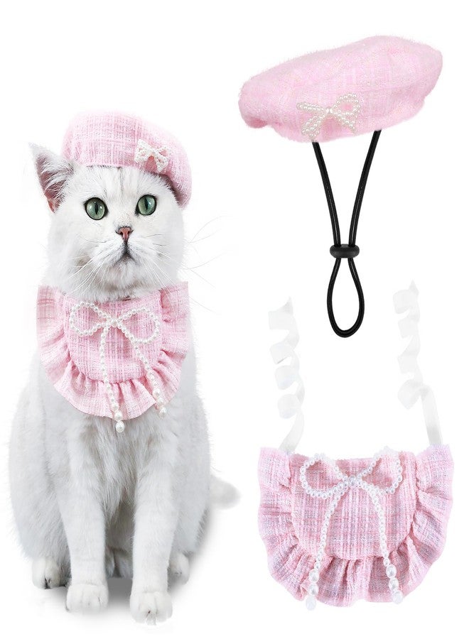 HOWWFALY 2PCS Cat Beret Hat with Pearl Bowtie, Adjustable Bandana Scarf Set Pet Princess Costume for Halloween Christmas, Cat Dog Birthday Party Apparel (Pink Pearl) - Image 1