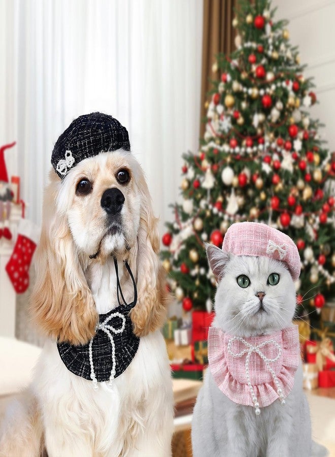 HOWWFALY 2PCS Cat Beret Hat with Pearl Bowtie, Adjustable Bandana Scarf Set Pet Princess Costume for Halloween Christmas, Cat Dog Birthday Party Apparel (Pink Pearl) - Image 2
