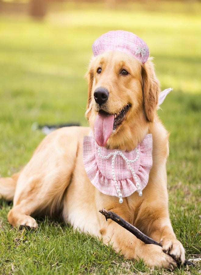 HOWWFALY 2PCS Cat Beret Hat with Pearl Bowtie, Adjustable Bandana Scarf Set Pet Princess Costume for Halloween Christmas, Cat Dog Birthday Party Apparel (Pink Pearl) - Image 3