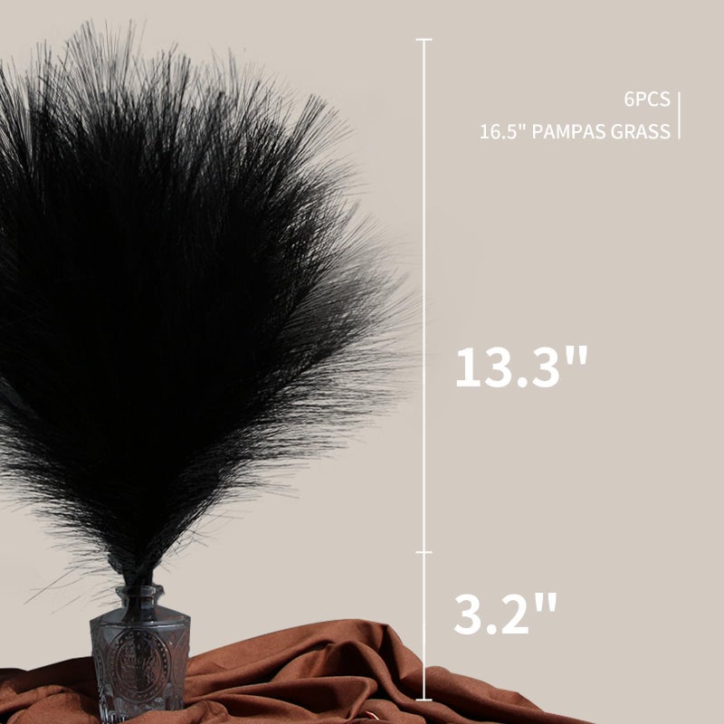 ZIFTY 6-Pcs 17" Black Pampas Grass Faux Pompas Fluffy Artificial Fake Flower Gothic Decorations for Black Bathroom Decor Vase Filler Ins Style Modern Home Decor Halloween (Black) - Image 2