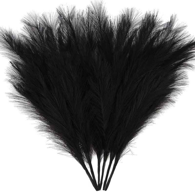 ZIFTY 6-Pcs 17" Black Pampas Grass Faux Pompas Fluffy Artificial Fake Flower Gothic Decorations for Black Bathroom Decor Vase Filler Ins Style Modern Home Decor Halloween (Black) - Image 1