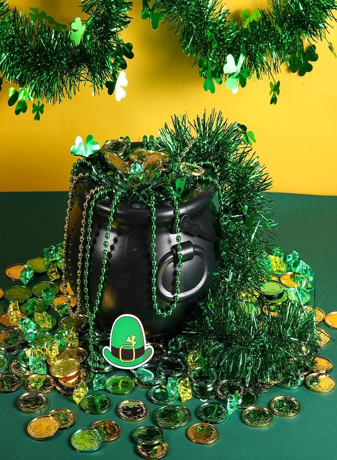 Sratte 308 Pcs St Patrick's Day Candy Cauldron Kettle with Handle Set, Pot of Gold Shamrock Coin Gem Leprechaun Clover Necklace Lucky Jewelry Treasure for Table Decor Centerpiece (Retro,Black) - Image 4