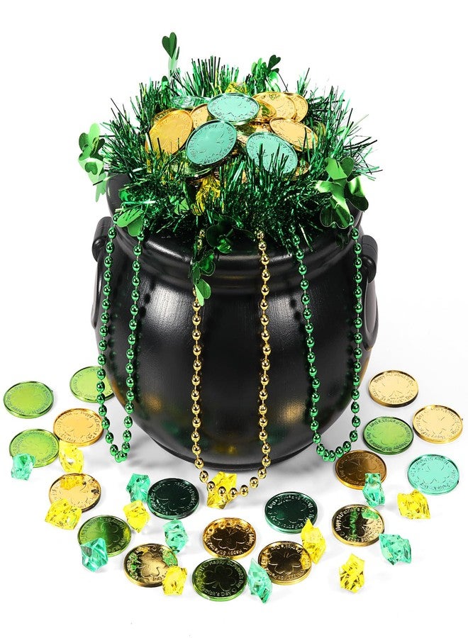 Sratte 308 Pcs St Patrick's Day Candy Cauldron Kettle with Handle Set, Pot of Gold Shamrock Coin Gem Leprechaun Clover Necklace Lucky Jewelry Treasure for Table Decor Centerpiece (Retro,Black) - Image 1