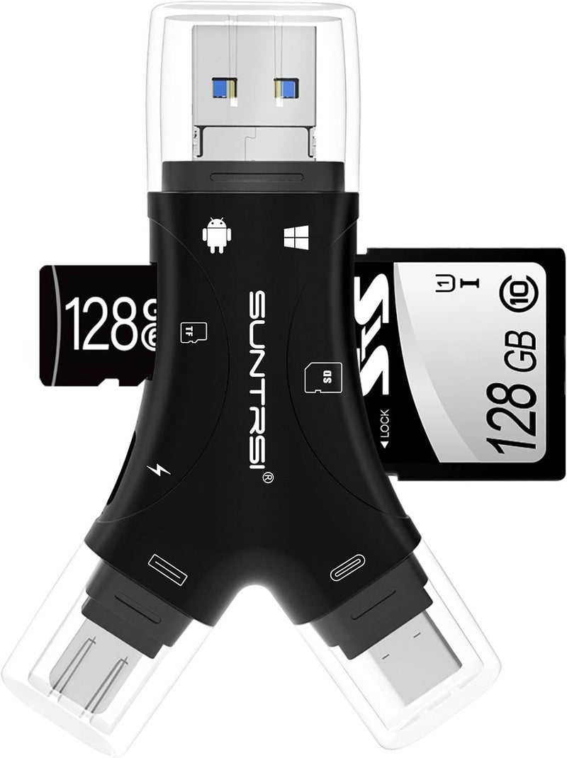 SUNTRSI SD Card Reader for iPhone/ipad/Android/Mac/Computer/Camera,4 in1 Micro SD Card Reader Trail Camera Viewer, Portable Memory Card Reader SD Card Adapter for SD and TF Cards(Black) - Image 1