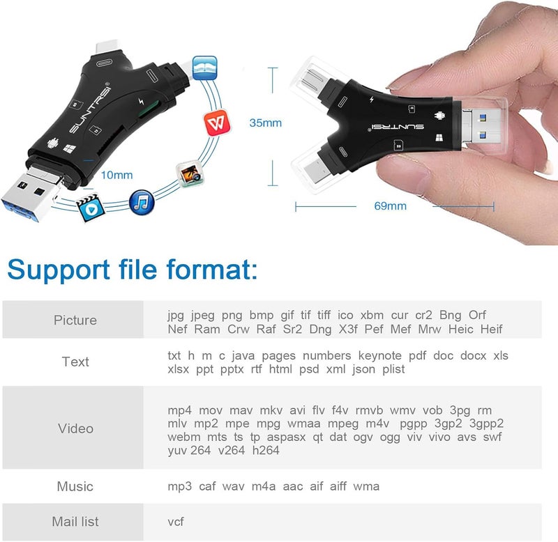 SUNTRSI SD Card Reader for iPhone/ipad/Android/Mac/Computer/Camera,4 in1 Micro SD Card Reader Trail Camera Viewer, Portable Memory Card Reader SD Card Adapter for SD and TF Cards(Black) - Image 4