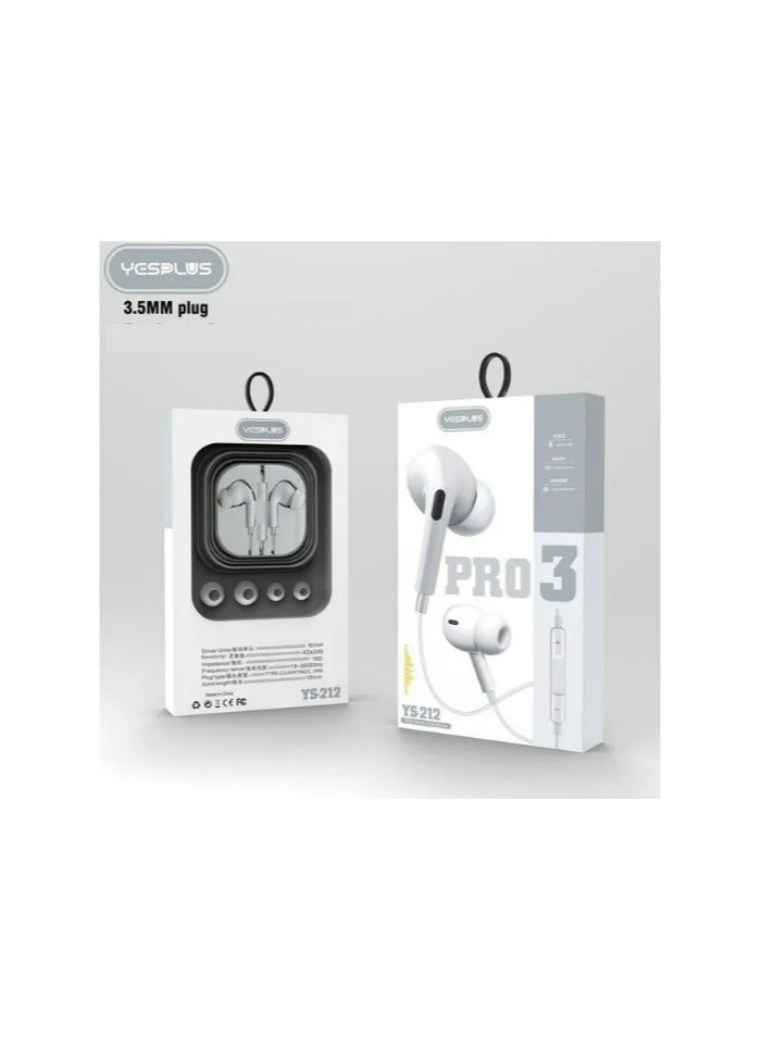 YESPLUS PRO3 Aux 3.5mm Wired Earphones with Mic for Android Smartphones – White | Noise-Isolating, High Bass, Comfortable Fit - Image 1