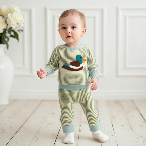 fhutpw Baby Toddler Boy Girl Fall Winter Clothes Embroidery Stripe Pullover Pants Sets Infant Long Sleeve Sweatshirt Outfits (Green Duck, 6-12 Months) - Image 2