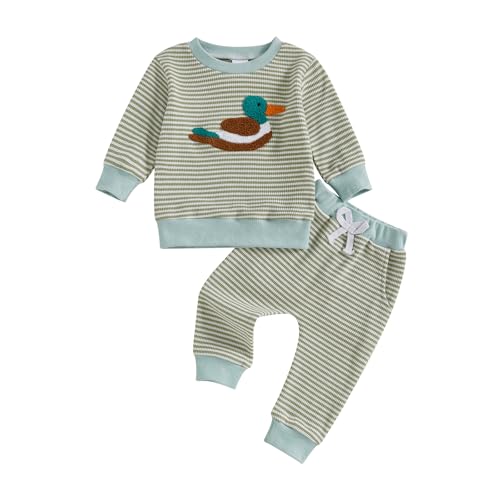 fhutpw Baby Toddler Boy Girl Fall Winter Clothes Embroidery Stripe Pullover Pants Sets Infant Long Sleeve Sweatshirt Outfits (Green Duck, 6-12 Months) - Image 1