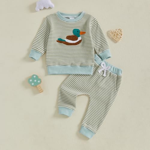 fhutpw Baby Toddler Boy Girl Fall Winter Clothes Embroidery Stripe Pullover Pants Sets Infant Long Sleeve Sweatshirt Outfits (Green Duck, 6-12 Months) - Image 3