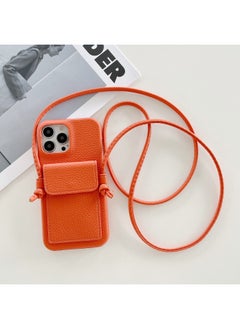 Japan And South Korea Card Case Crossing IPhone16 Phone Case Apple 15pro Max/13/X/7 Leather Phone Case-Color:Litchi Pattern Ear Card Holder Lanyard Orange-Applicable Model:iPhone16plus