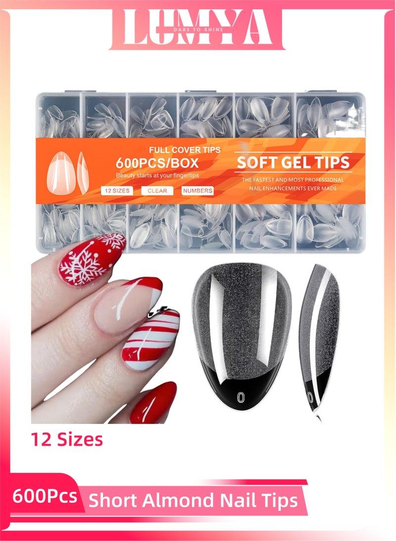LUMYA 600Pcs Short Almond Nail Tips, Clear Soft Gel Nail Tips, Full Cover Fake Nails for Nail Extensions, 12 Sizes Press On Acrylic Nail Tips for Women Girls Home Salon Use  - Image 1