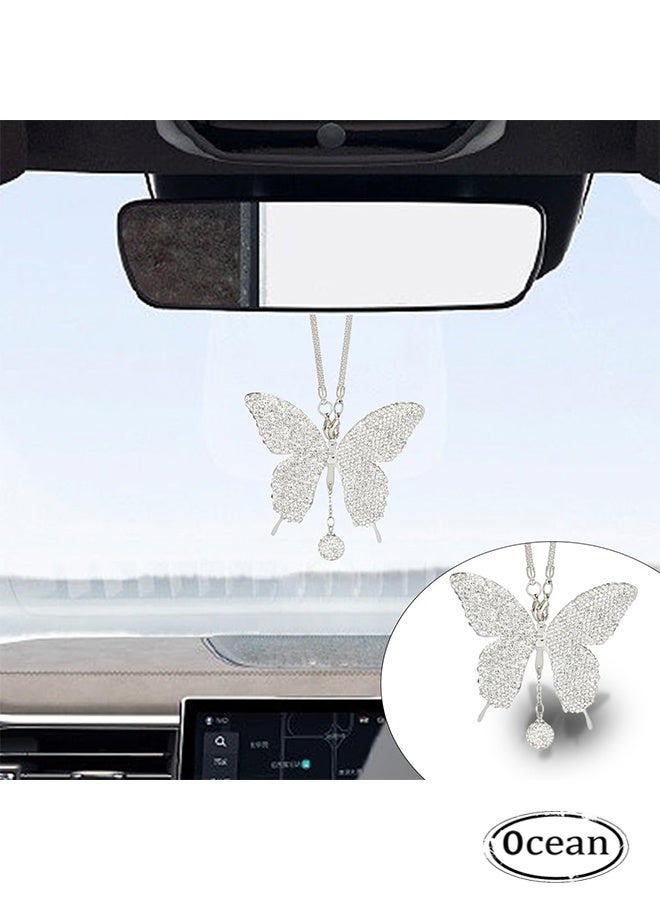 Ocean Bling Butterfly Diamond Car Hanging Accessories, Crystal Car Rear View Mirror Charms Car Decorative Accessories for Women, Lucky Gifts Hanging Ornament Pendant Decor for All Cars (White)  - Image 1