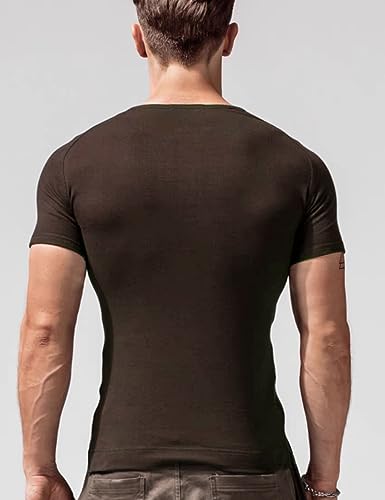 palglg Mens Short Sleeve Cotton Muscle Slim Fitted Sport Henley T-Shirt with Button Coffee S - Image 2