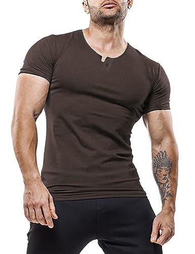 palglg Mens Short Sleeve Cotton Muscle Slim Fitted Sport Henley T-Shirt with Button Coffee S - Image 1