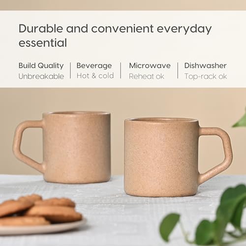 Eha Earth-Friendly Comfy Coffee Cup Set of 2 | 200 ml | Made with Rice Husk & Bamboo Fibers | Microwave Safe | for Hot & Cold Coffee Mug, Tea & Milk | Natural Matte Finish | Tortilla - Image 4