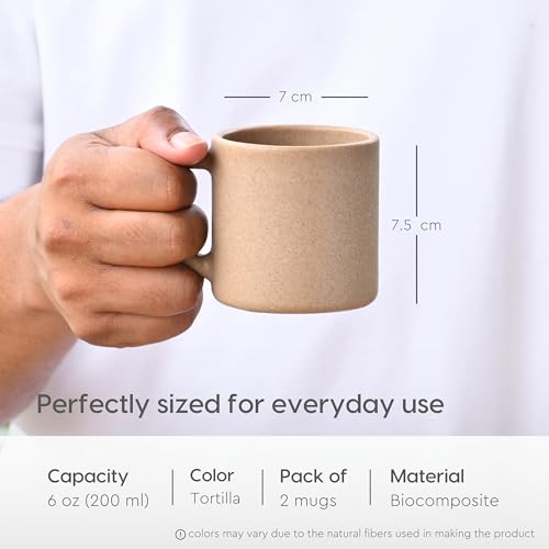 Eha Earth-Friendly Comfy Coffee Cup Set of 2 | 200 ml | Made with Rice Husk & Bamboo Fibers | Microwave Safe | for Hot & Cold Coffee Mug, Tea & Milk | Natural Matte Finish | Tortilla - Image 2