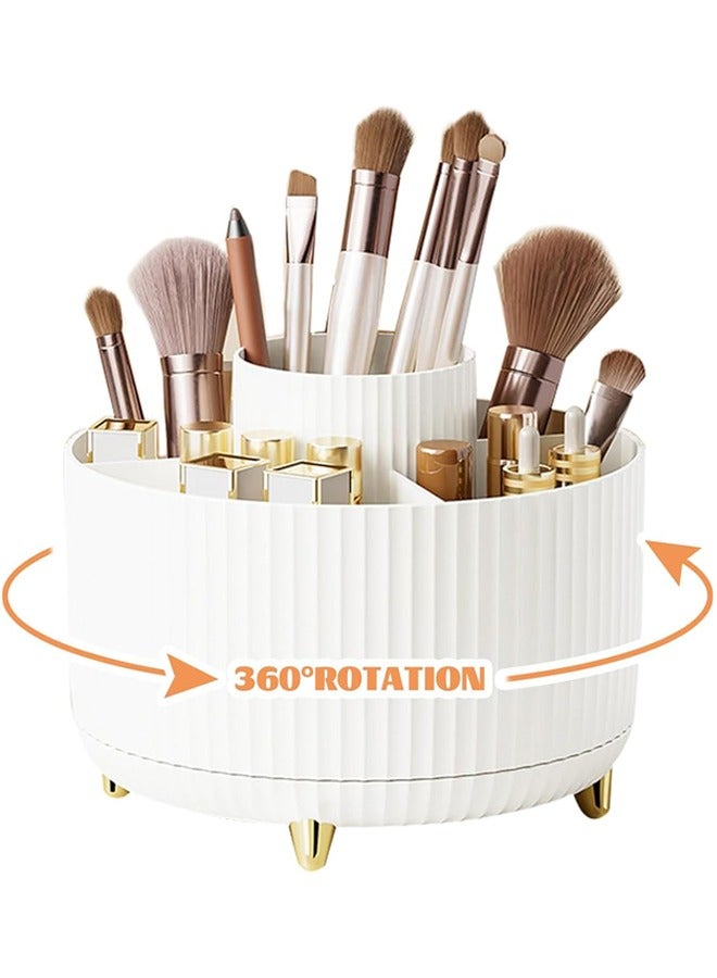 Generic 360° Rotating Makeup Organiser, Make Up Brush Holder with 5 Compartments, Desk Storage Container for Bedroom Dressing Table Cosmetics Organizer, Office Stationery Storage, Desktop Pen Holders , White  - Image 1